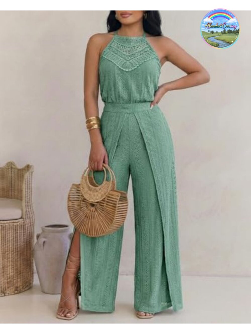 Eyelet Halter Jumpsuit High Waist Wide Leg Sleeveless